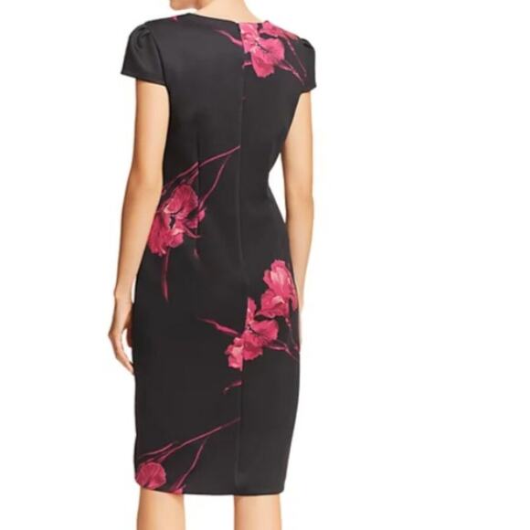 Betsy Johnson Dress Size 14 Black Floral Sheath Front Slit Scuba Cap Sleeve - Picture 2 of 11